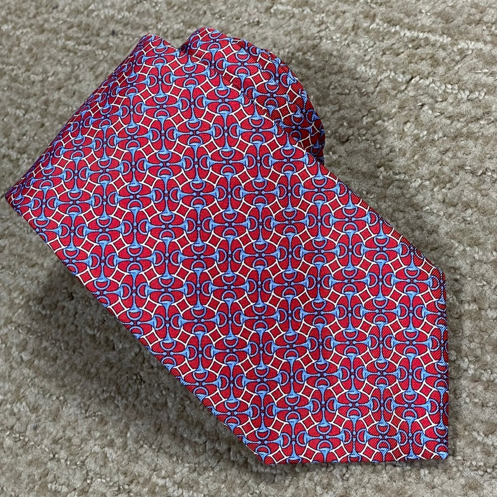Brooks Brothers Silk Necktie Red Blue Geometric Horse Bit Preppy Classic Tie
